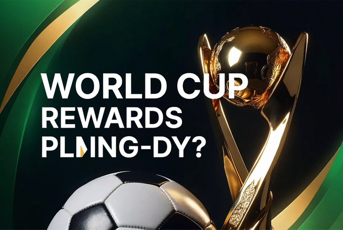 The image features a soccer ball and a trophy with the text "World Cup rewards pling-dy?". The soccer ball is white and black while the trophy is gold, both placed against a green background. The text suggests that the World Cup rewards are now claimable for all winners of Chapter 3 competitions.