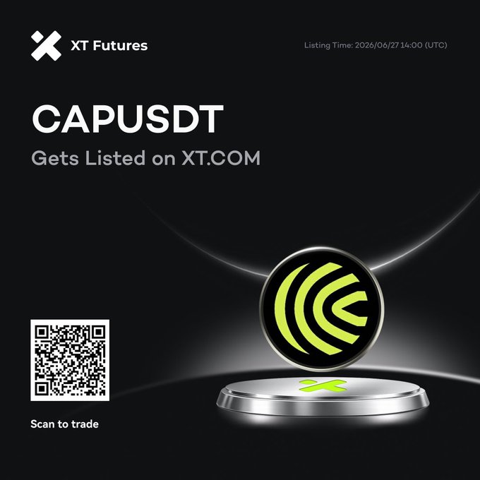 A black promotional graphic for XT Futures announcing that CAPUSDT gets listed on XT.COM, with a listing time of 2026/06/27 14:00 (UTC), featuring a glowing green coin/token and a "Scan to trade" QR code. The image visually supports the announcement of the new USDT-margined perpetual futures listing with 1-10x leverage.