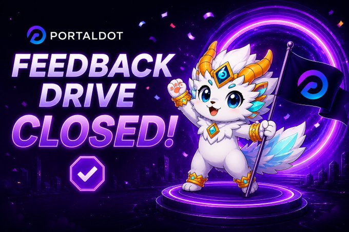 A promotional graphic for PORTALDOT announcing 'FEEDBACK DRIVE CLOSED!' featuring a cute white furry mascot with golden horns holding a flag with the PortalDot logo, set against a purple cosmic background.