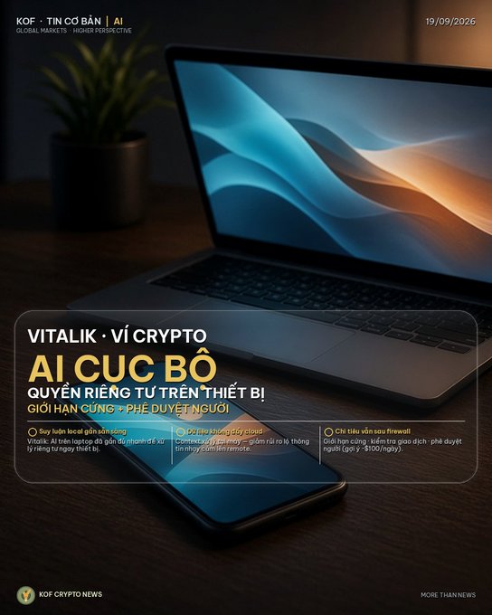 A Vietnamese news graphic from 'KOF CRYPTO NEWS' featuring a laptop and smartphone, with the headline 'VITALIK · VÌ CRYPTO AI CỰC BỘ' (Vitalik - For Crypto AI is Extreme) discussing privacy and hardware limitations.