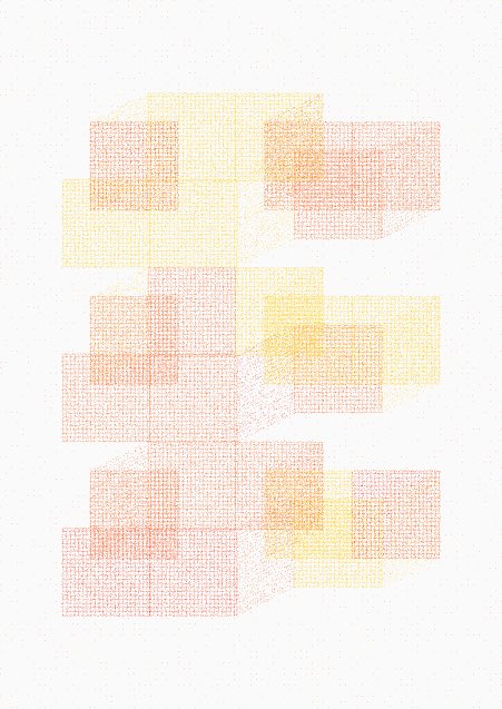 An abstract composition featuring soft rectangular shapes in yellow, orange, and pink tones rendered with a fine crosshatch or grid texture on a white background.