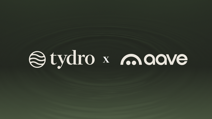 A promotional graphic featuring the 'tydro x aave' logos on a dark green background.