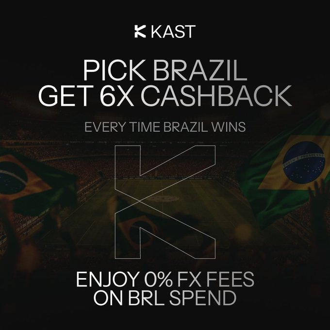 A KAST promotional advertisement on a dark stadium background with Brazilian flags, reading 'PICK BRAZIL GET 6X CASHBACK', 'EVERY TIME BRAZIL WINS', and 'ENJOY 0% FX FEES ON BRL SPEND'.