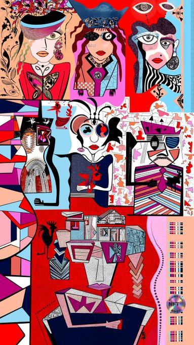 A colorful abstract mixed-media collage featuring cubist-style stylized female faces, geometric patterns, and vibrant red, pink, and blue tones.