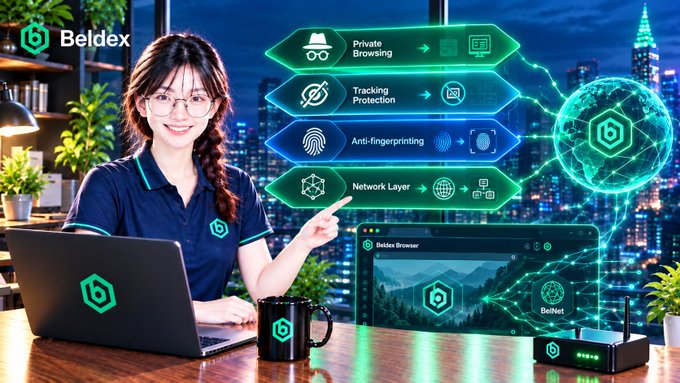 A promotional image for Beldex browser featuring a smiling woman with glasses pointing to features like 'Private Browsing,' 'Tracking Protection,' 'Anti-fingerprinting,' and 'Network Layer,' with the Beldex logo visible on her laptop and mug.