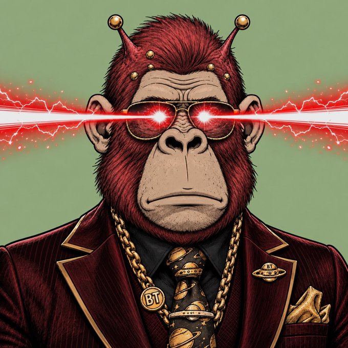 A dapper, red-furred ape wearing aviator sunglasses that shoot red laser beams is dressed in a burgundy pinstripe suit with a planet-patterned tie and "BT" (Bored Trader) medallions. The image serves as a stylized mascot for the announcement, with the "BT" branding on the lapel and tie reinforcing the shift to the @BoredTrader_CO account.