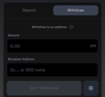 A dark-themed interface shows the simplified withdrawal flow on Veil (Veildotcash), featuring a toggle between "Deposit" and "Withdraw" tabs, with a "Withdraw to an address" option, an "Amount" field (0.00 ETH), a "Recipient Address" field (0x... or ENS name), and a disabled "Start Withdrawal" button.