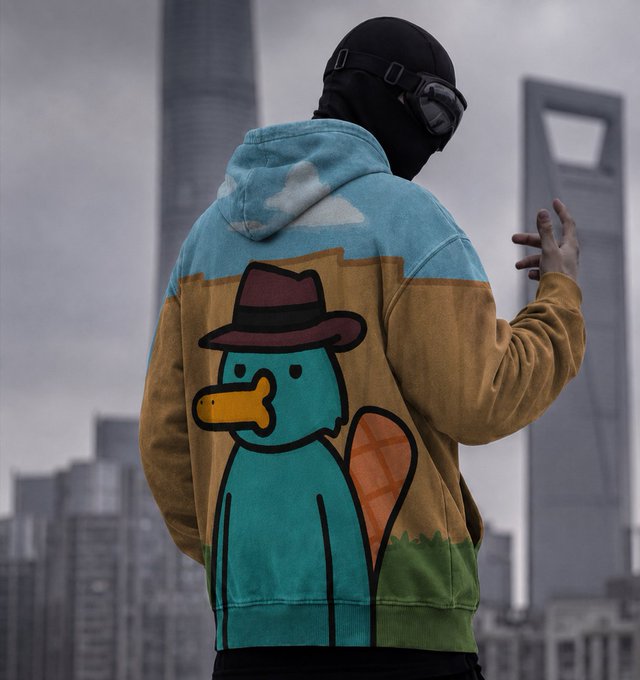 The image features a person wearing a hoodie with a cartoon duck design on it. They are standing against a city skyline backdrop, which includes buildings of various sizes and designs. The person appears to be posing for the photo while wearing a hat that has a cartoon duck on it as well.