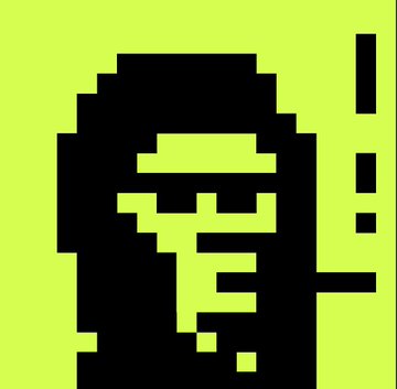 A pixel-art character wearing a hooded silhouette with an eye-catching green-yellow color scheme, designed as an NFT trait for the OnChainHoodies collection. The bold "H!" lettering on the side emphasizes the signature "Hoodie" trait featured in the post.