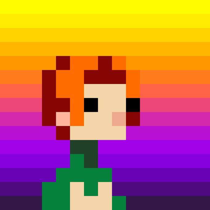 Pixel art portrait of a character with orange hair, pink cheeks, and green clothing against a horizontal rainbow-striped background.