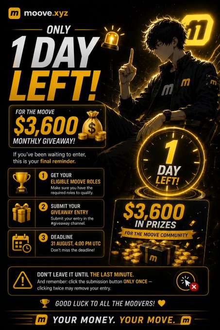 A promotional graphic for moove.xyz advertising 'ONLY 1 DAY LEFT!' for a $3,600 monthly giveaway, featuring an anime-style character and a countdown clock with submission instructions.