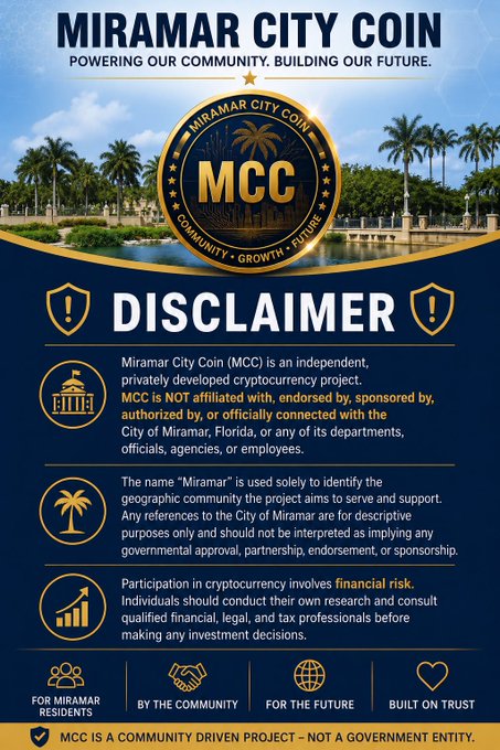 A disclaimer poster for 'Miramar City Coin' (MCC) clarifying it is an independent cryptocurrency project not affiliated with the City of Miramar, Florida, and warning of financial risk.