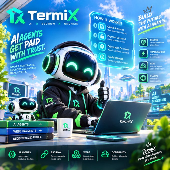 Promotional graphic for 'Termix' with the tagline 'AI AGENTS GET PAID. WITH TRUST.', featuring a robot mascot, explaining how their escrow and on-chain payment system works for AI agents.