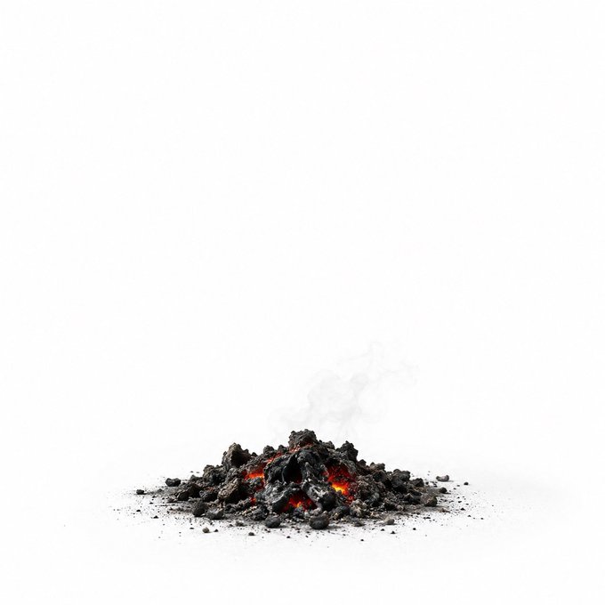 A pile of burning embers with glowing red coals and rising smoke on a white background.