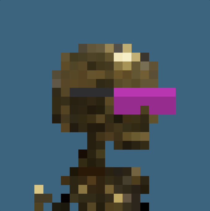 A pixel art image of a brown character or creature wearing a pink/magenta visor or eye band, set against a solid blue-gray background.