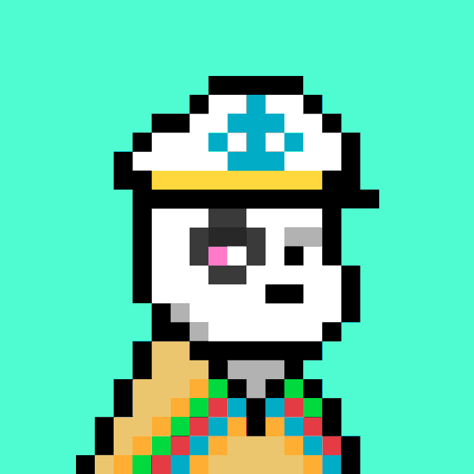 A pixel art character with a white skull-like face, wearing a colorful patterned shirt and a similar white and teal hat with a plus symbol against a teal background.