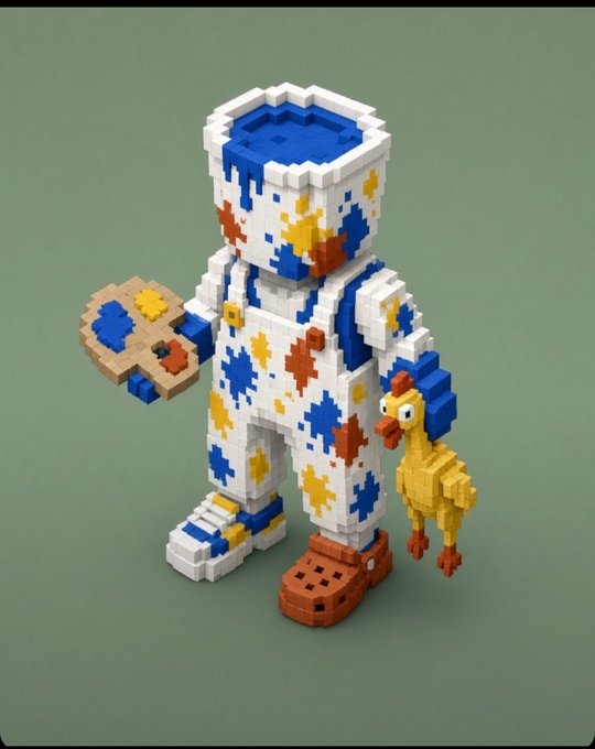 A 3D pixel-art figure of an astronaut in a white suit covered with blue, yellow, and orange paint splatters, holding a paintbrush palette and a small yellow chicken against a green background.