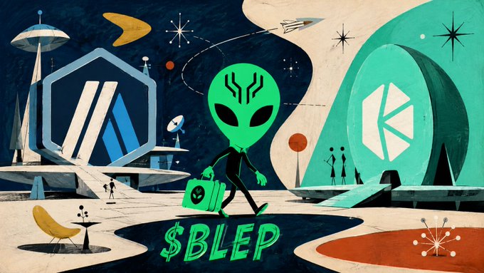 A retro-futuristic illustration of a green alien carrying a suitcase walking through a space-age landscape, with a logo and the text '$BLEP'.