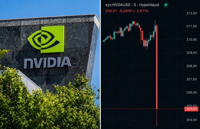 A split image showing the NVIDIA logo on the left and a 5-minute stock chart of NVDA on Hyperliquid on the right, displaying a sharp decline with the price at 204.81 (-2.97%) despite the post claiming a 4% drop following strong Q4 earnings results that beat expectations.