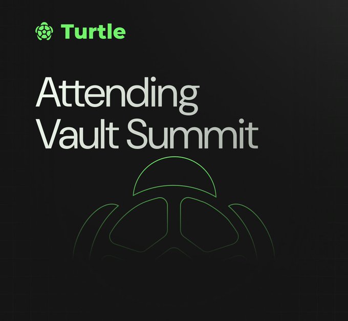 The image displays a logo for an upcoming event, the Turtle Vault Summit, which is taking place in New York City during March 18th - 19th. The main focus of this meeting is "attending vault summit", with a white background featuring a green turtle on top and text that reads "attending vault summit". It seems like the Turtle team will be present at this event to discuss strategies related to financial services, such as liquidity management and the use of Vault by financial institutions. The image promotes an upcoming virtual conference, offering attendees an opportunity to engage in discussions with industry experts.