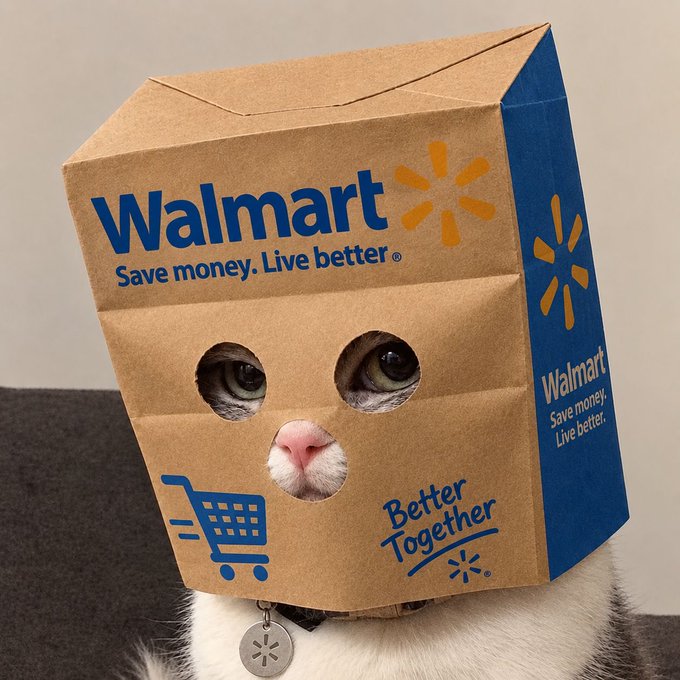 A cat wearing a Walmart paper bag as a mask with holes cut out for its eyes and nose, displaying the slogan 'Save money. Live better' and 'Better Together'.