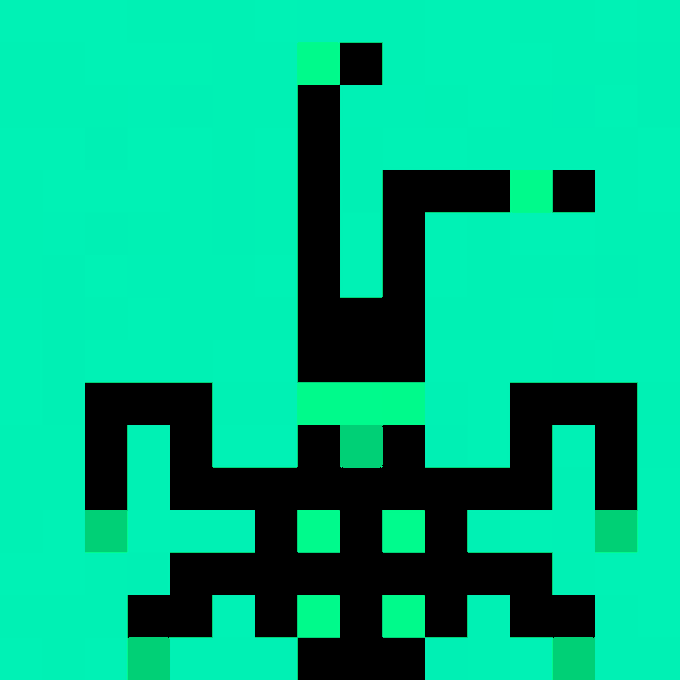 A pixel art illustration of a sword or axe-like weapon rendered in black and green against a solid teal background.
