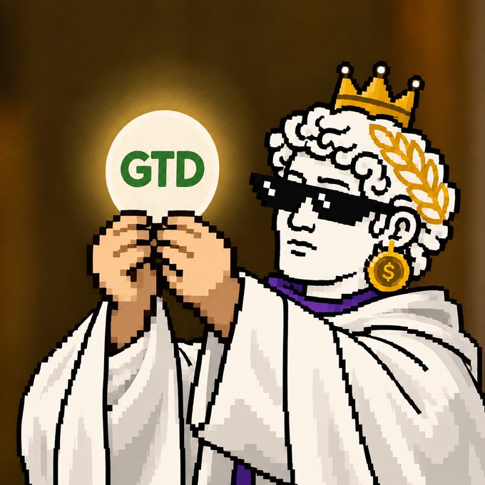 A pixel-art illustration of a classical statue wearing a crown, sunglasses, and a gold dollar sign earring, holding a glowing lightbulb displaying "GTD" in green letters.