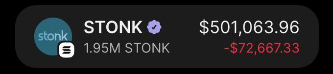 A wallet screenshot showing a holding of 1.95M $STONK tokens valued at $501,063.96, though down $72,667.33 on the day, illustrating the post's emotional account of a small investment growing into a half-million-dollar position.