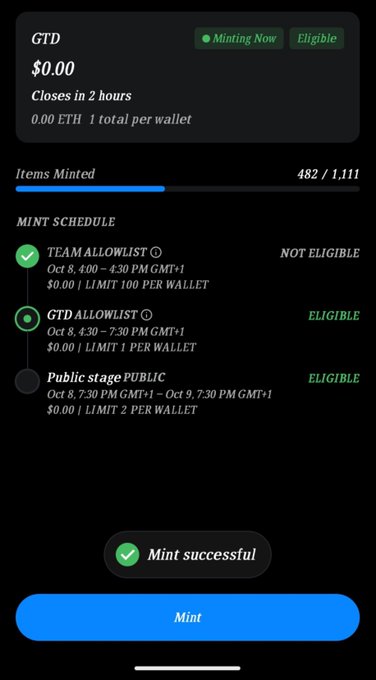 A dark-themed mobile app interface showing a 'Mint successful' confirmation for GTD, with details on the mint schedule (Team Allowlist, GTD Allowlist, Public stage) and 482/1,111 items minted.