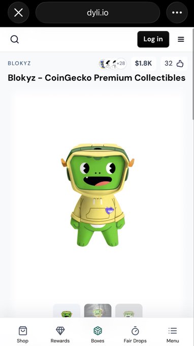 A screenshot from dyli.io showing a Blokyz collectible on CoinGecko Premium Collectibles, featuring a green cartoon character in a yellow hoodie with a "$1.8K" price tag and 32 likes, illustrating the rapid sell-out of physical Blokyz collectibles that users could claim by burning candies.