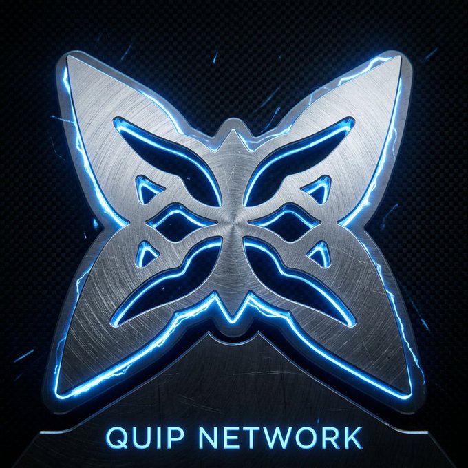 A metallic butterfly-shaped logo with glowing blue accents displays the text 'QUIP NETWORK' on a dark carbon fiber background.