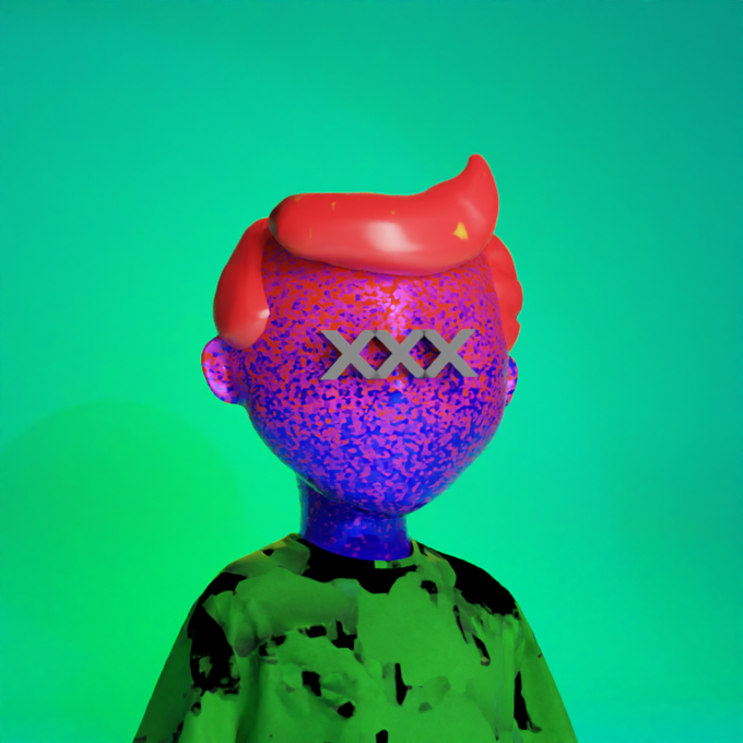 3D rendered bust of a figure with red hair, wearing a green camouflage shirt, with 'XXX' text over the eyes against a bright green background.