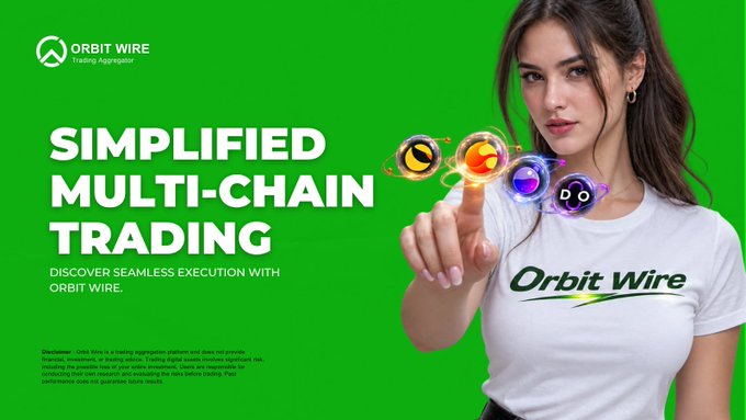 Orbit Wire marketing banner with green background promoting 'SIMPLIFIED MULTI-CHAIN TRADING' featuring a woman pointing at floating cryptocurrency coins including BNB, Solana, and DAI logos.