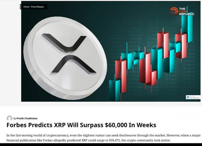 The image is a screenshot from The Coin Republic featuring a headline that reads "Forbes Predicts XRP Will Surpass $60,000 In Weeks," accompanied by a graphic showing an XRP coin next to red and green candlestick charts, visually supporting the post's claim about an alleged massive XRP price surge forecast.