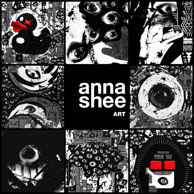 A black-and-white artistic collage centered around the text 'anna shee ART', surrounded by surreal, graphic panels depicting eyes, faces, and abstract patterns.