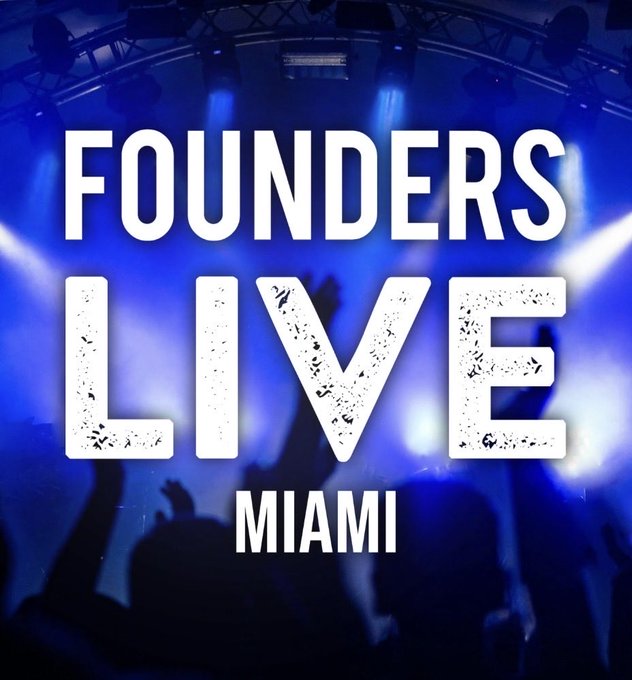 A promotional graphic for an event with bold white text reading "FOUNDERS LIVE MIAMI" overlaid on a blue-lit background showing a silhouetted crowd at what appears to be a live event.