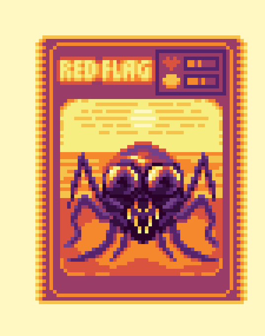 A retro-style pixel art trading card design titled 'RED FLAG', featuring a dark purple, multi-legged creature with fangs set against a red and orange landscape background.
