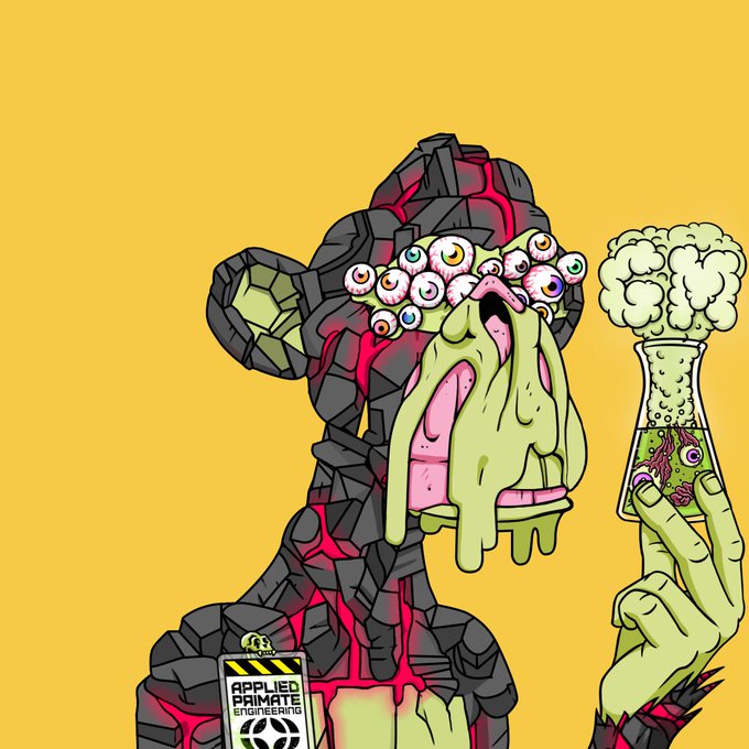 A vibrant cartoon illustration features a grotesque rocky creature with many eyes and a drooling green mouth holding up a bubbling brain-filled flask, with a label reading 'APPLIED PRIMATE ENGINEERING'.