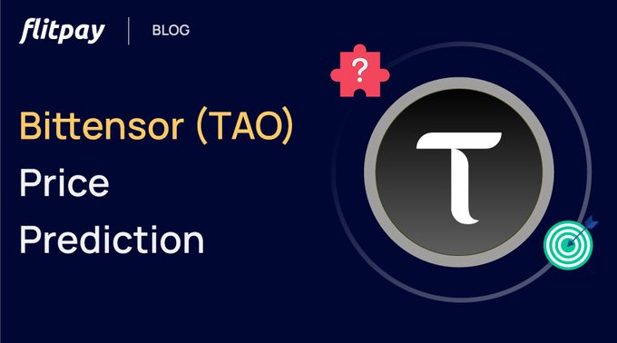 A Flitpay blog graphic titled 'Bittensor (TAO) Price Prediction' featuring the TAO token logo with a puzzle piece and target icon.