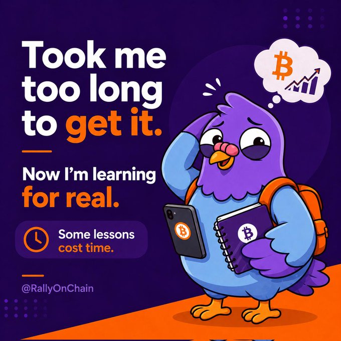 The image features a cartoon bird holding a book and a cell phone with a thought bubble above its head. The text in the image reads "Took me too long to get it. Now I'm learning for real." This suggests that the bird is contemplating whether or not to invest in Bitcoin, as indicated by the thought bubble above its head.