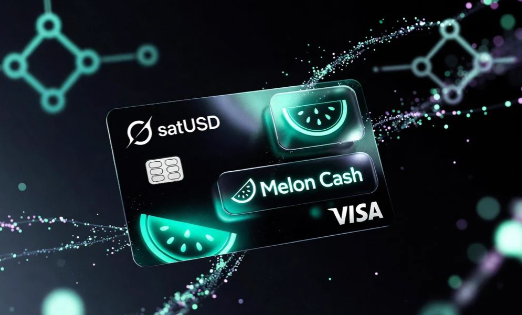 A sleek black credit card branded with "satUSD," "Melon Cash," and "VISA" floats against a dark, blockchain-inspired background with glowing teal network nodes. The image visually represents the evolution of on-chain finance that the post highlights, showcasing how Ethereum's infrastructure now enables real-world crypto payment solutions like the Melon Cash Visa card backed by satUSD.