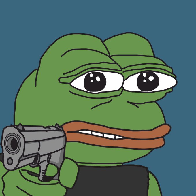 A digital illustration of a green Pepe the Frog character with a melancholic expression, wearing a black shirt and pointing a gray handgun.