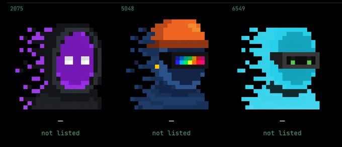 Three pixel-art digital collectibles labeled 2075, 5048, and 6549, all marked 'not listed', featuring stylized characters in purple, dark blue with a hat, and cyan color schemes.