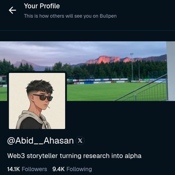 A Bulpen profile page for '@Abid__Ahasan' described as a 'Web3 storyteller turning research into alpha' with 14.1K followers and 9.4K following, featuring an anime-style avatar.