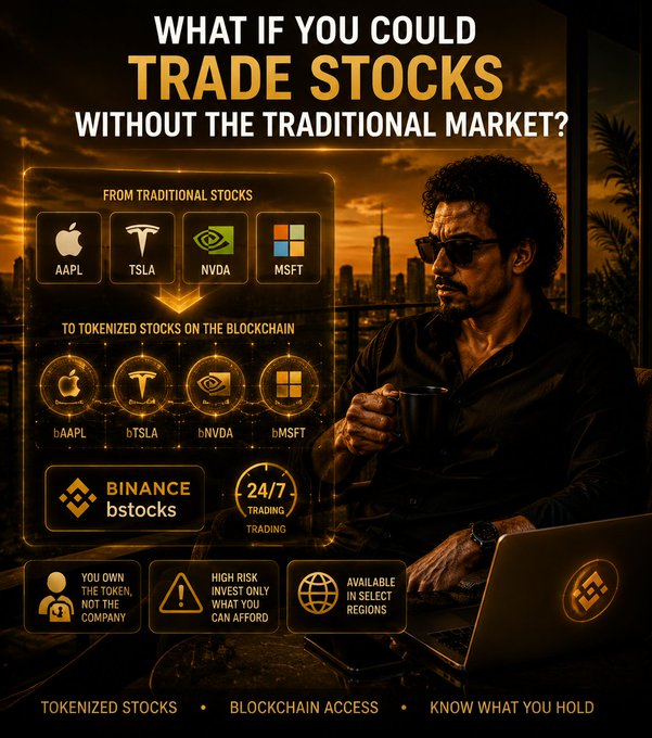 An advertisement asking 'WHAT IF YOU COULD TRADE STOCKS WITHOUT THE TRADITIONAL MARKET?' showing tokenized versions of AAPL, TSLA, NVDA, and MSFT available via 'BINANCE bstocks' with 24/7 trading.
