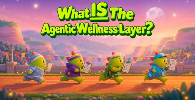 A colorful cartoon-style graphic asking 'What IS The Agentic Wellness Layer?' featuring four turtle-like characters running across a track in a whimsical landscape.
