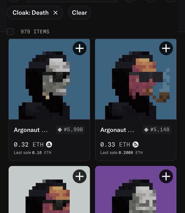 An NFT marketplace interface displaying pixel art 'Argonaut' items filtered by 'Cloak: Death', with prices listed in ETH (0.32 ETH and 0.33 ETH).
