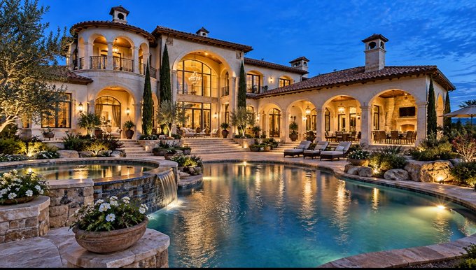 A luxurious Mediterranean-style mansion at twilight with warm-lit arched windows, a swimming pool with stone waterfall feature, and landscaped gardens.