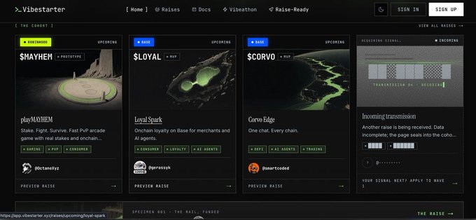 Vibestarter website showing crypto project listings including $MAYHEM, $LOYAL, and $CORVO with details about their raises and contributors.