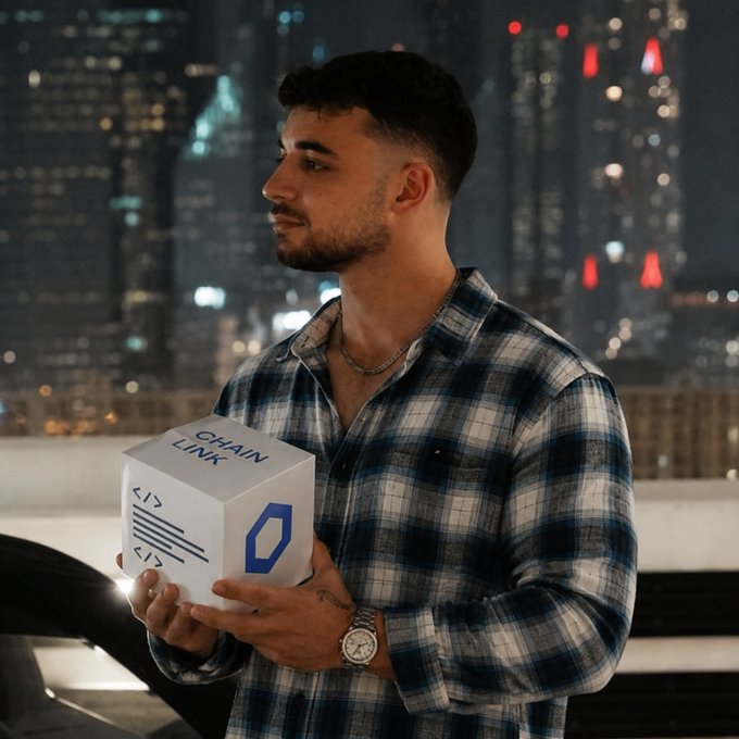 A young man in a plaid shirt stands against a nighttime city skyline, holding a white box labeled 'CHAIN LINK' with a chainlink logo, wearing a silver watch and necklace.